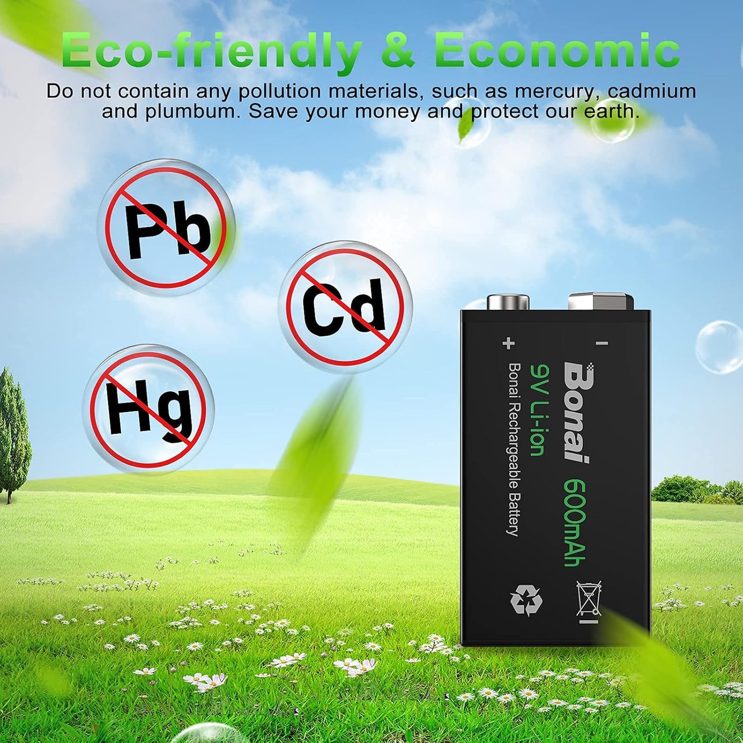 Set 4 baterii 9 V reincarcabile litiu-ion, 600mAh, 6F22, dimensiune standard, acumulatori pentru detectoare de fum, microfoane si multe altele