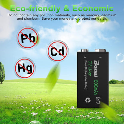Set 4 baterii 9 V reincarcabile litiu-ion, 600mAh, 6F22, dimensiune standard, acumulatori pentru detectoare de fum, microfoane si multe altele