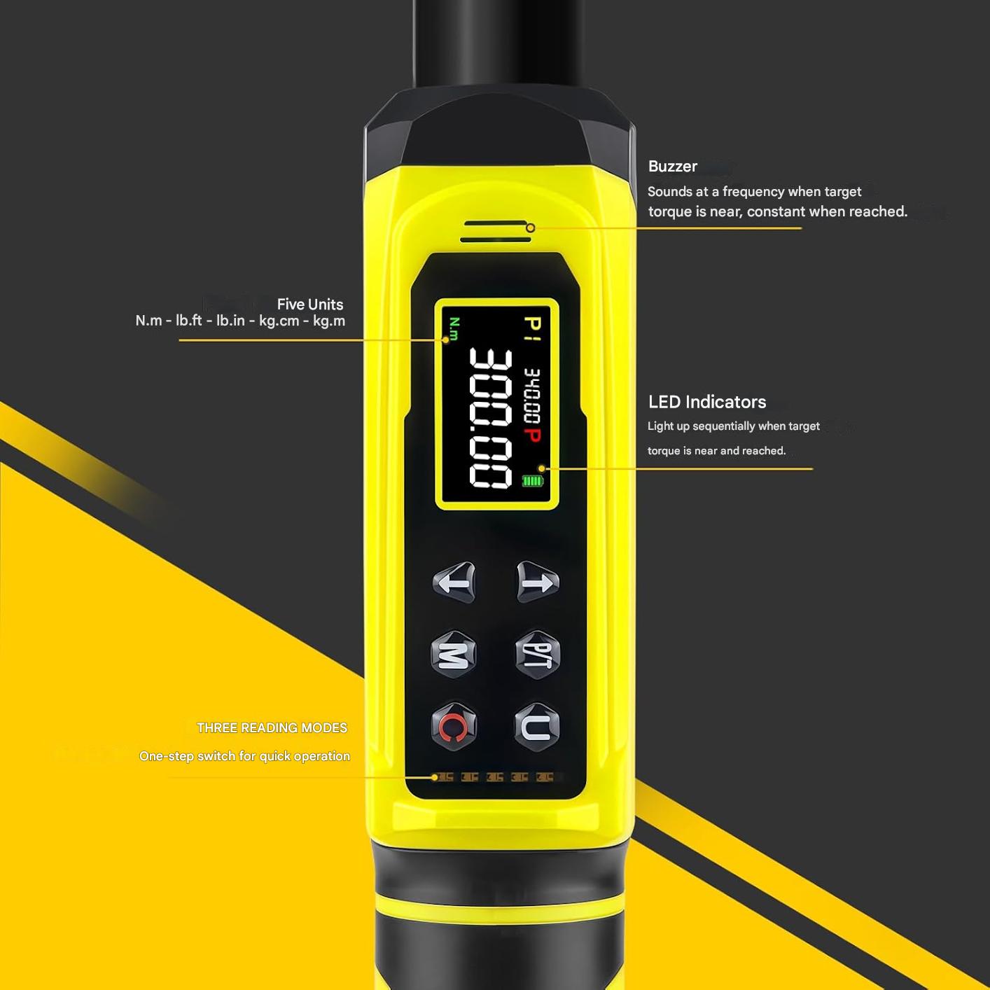Cheie dinamometrica digitala 1/2 inch, cuplu 5.1–340 Nm, cu display LCD fata-verso, ±2% precizie, alerta sonora, cu cutie de depozitare, pentru auto, motociclete si biciclete