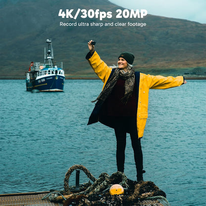 Camera video sport 4K, camera de actiune WiFi Ultra HD 20 MP cu 2 acumulatori, carcasa impermeabila 40 m, stabilizare imagine, touchscreen de 2 inch, trepied reglabil, telecomanda 2.4 g si husa de depozitare si transport