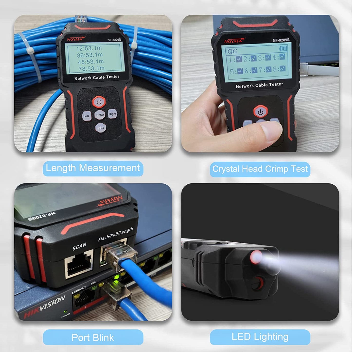Tester cablu de retea, cu PoE si NCV, test de lungime a cablului UTP CAT 5/ CAT 6, display LCD, incarcare USB-C, lanterna LED si mufa jack