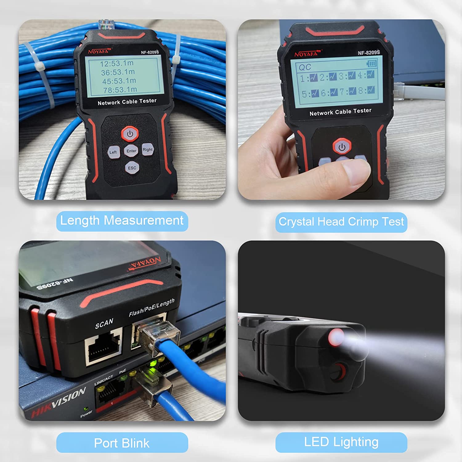 Tester cablu de retea, cu PoE si NCV, test de lungime a cablului UTP CAT 5/ CAT 6, display LCD, incarcare USB-C, lanterna LED si mufa jack