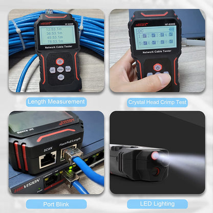 Tester cablu de retea, cu PoE si NCV, test de lungime a cablului UTP CAT 5/ CAT 6, display LCD, incarcare USB-C, lanterna LED si mufa jack