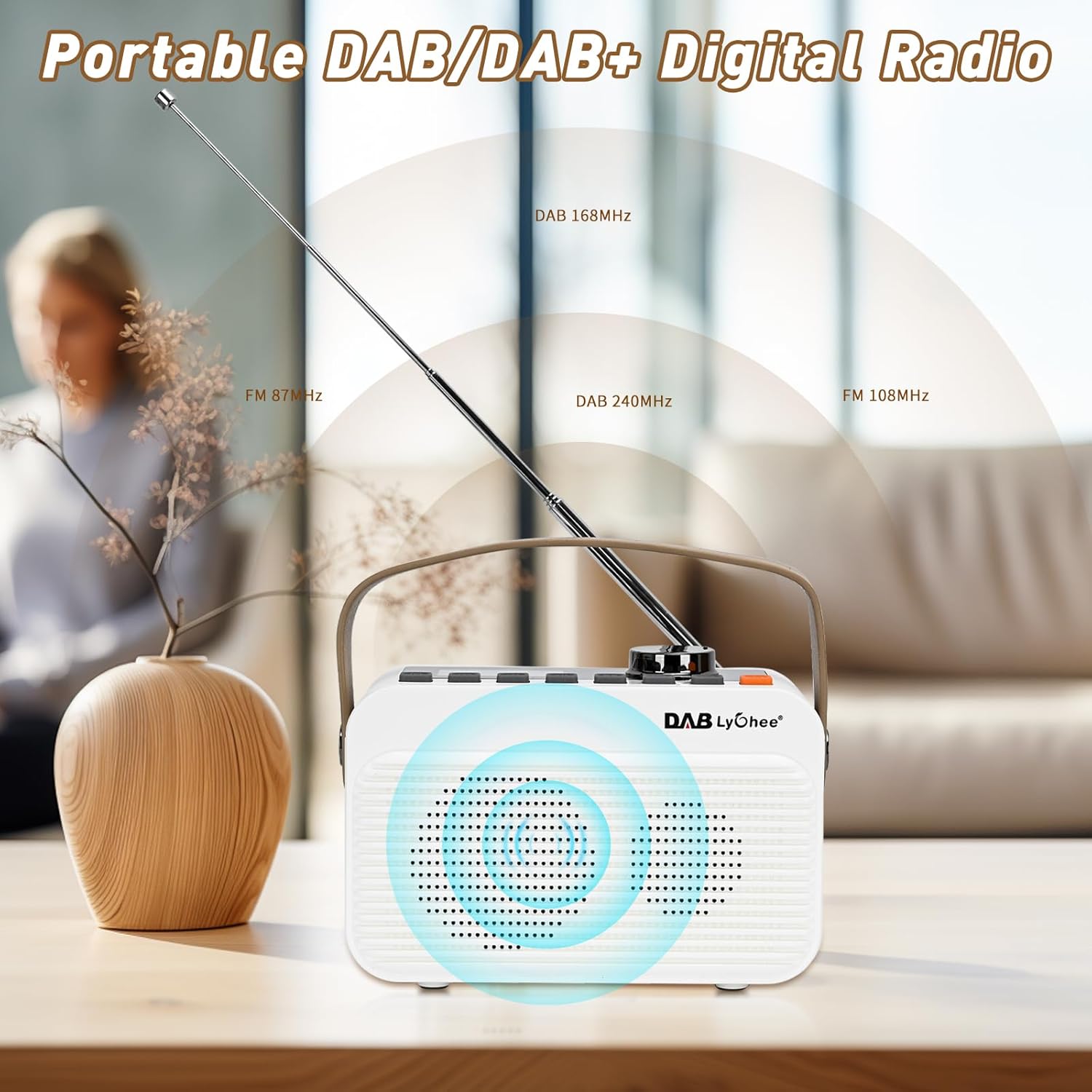 Radio portabil DAB/DAB+ & FM, Bluetooth 5.0, baterie reincarcabila 4000 mAh, afisaj LED, redare USB & card TF, Jack casti 3.5 mm, functie alarma, design compact cu curea, alb-crem