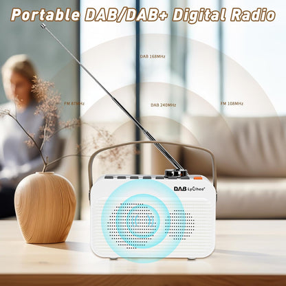 Radio portabil DAB/DAB+ & FM, Bluetooth 5.0, baterie reincarcabila 4000 mAh, afisaj LED, redare USB & card TF, Jack casti 3.5 mm, functie alarma, design compact cu curea, alb-crem