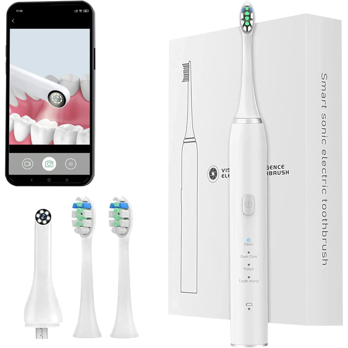 Periuta de dinti electrica sonica smart cu camera video, 3 moduri, incarcare USB, temporizator de 2 minute, alba