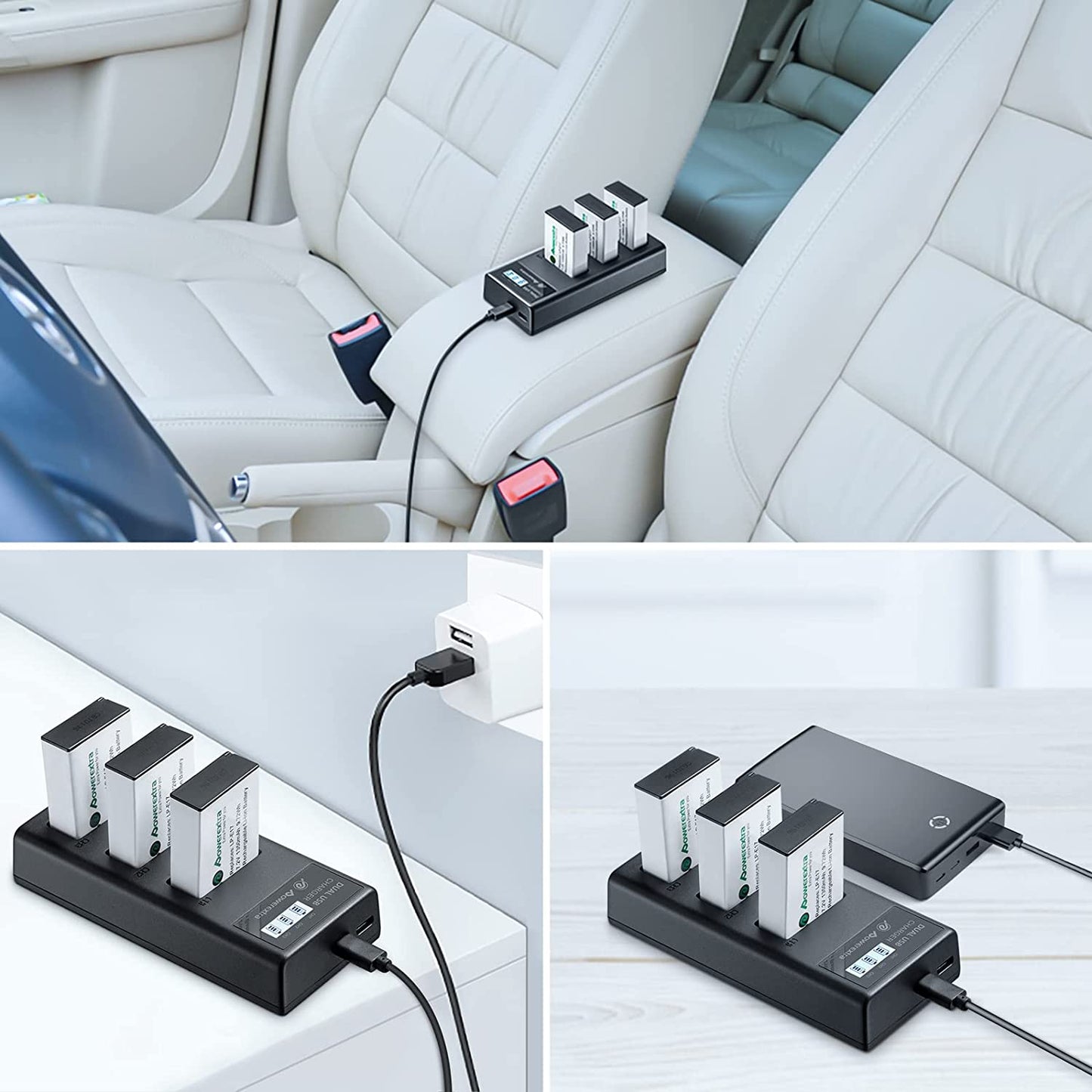 Set de 3 acumulatori LP-E17 1350 mAh 7.2 V cu incarcator triplu cu afisaj LCD, pentru Canon EOS 77D 200D 750D 760D 800D M3 M5 M6