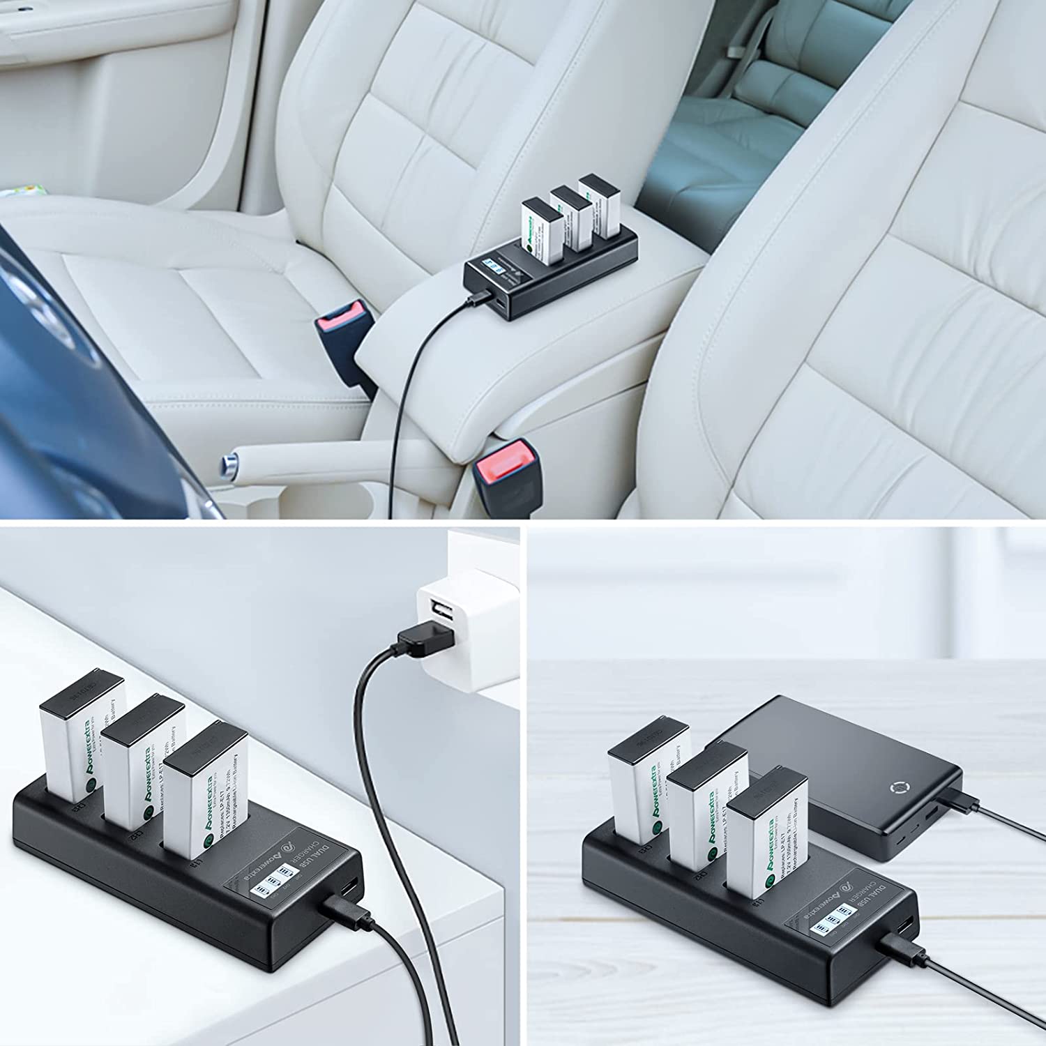 Set de 3 acumulatori LP-E17 1350 mAh 7.2 V cu incarcator triplu cu afisaj LCD, pentru Canon EOS 77D 200D 750D 760D 800D M3 M5 M6