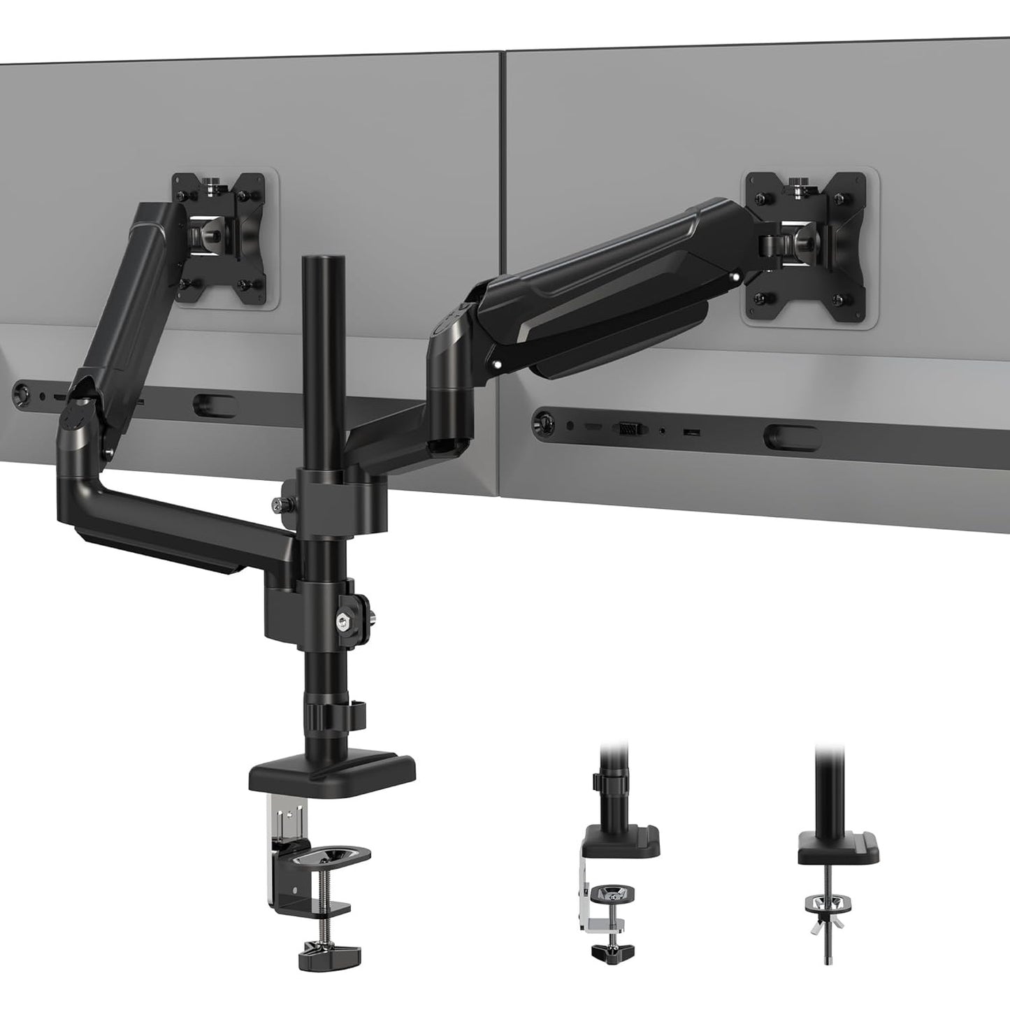 Suport 2 monitoare 13-32 inch, VESA 75/100 mm, greutate suportata pana la 9 kg, rotire 360°, inclinare 90°, amortizor cu gaz integrat, inaltime reglabila, prindere prin clema sau surub, negru