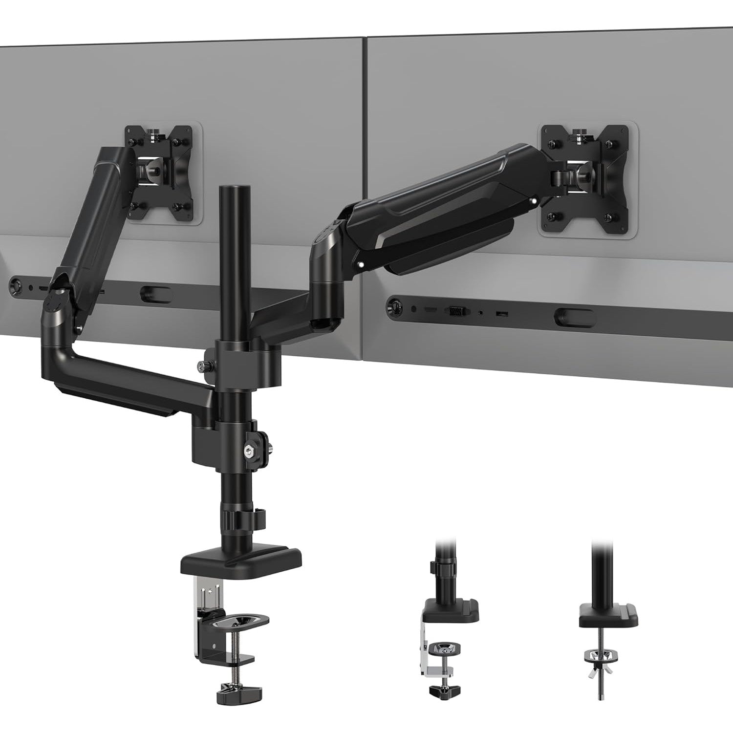 Suport 2 monitoare 13-32 inch, VESA 75/100 mm, greutate suportata pana la 9 kg, rotire 360°, inclinare 90°, amortizor cu gaz integrat, inaltime reglabila, prindere prin clema sau surub, negru