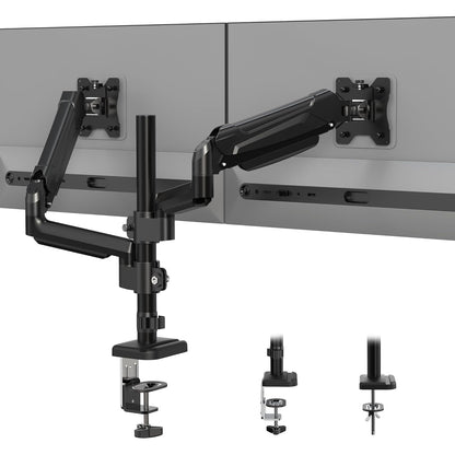 Suport 2 monitoare 13-32 inch, VESA 75/100 mm, greutate suportata pana la 9 kg, rotire 360°, inclinare 90°, amortizor cu gaz integrat, inaltime reglabila, prindere prin clema sau surub, negru