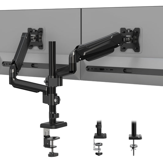 Suport 2 monitoare 13-32 inch, VESA 75/100 mm, greutate suportata pana la 9 kg, rotire 360°, inclinare 90°, amortizor cu gaz integrat, inaltime reglabila, prindere prin clema sau surub, negru