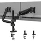 Suport 2 monitoare 13-32 inch, VESA 75/100 mm, greutate suportata pana la 9 kg, rotire 360°, inclinare 90°, amortizor cu gaz integrat, inaltime reglabila, prindere prin clema sau surub, negru