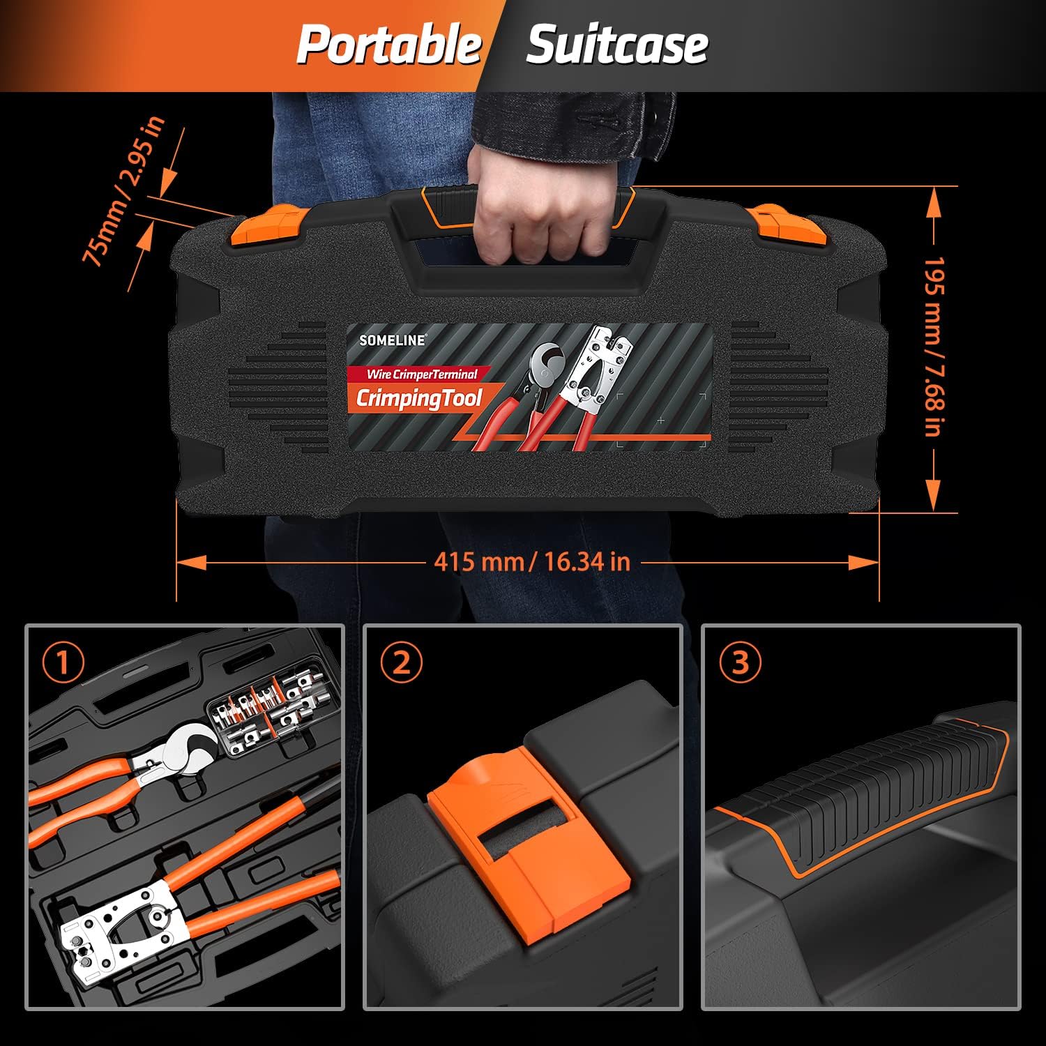 Set cleste de sertizare 6-50 mm² cu 21 bucati terminale 6 mm², 10 mm², 16 mm², 25 mm², 35 mm², 50 mm², cu cutie de depozitare si transport, SOMELINE