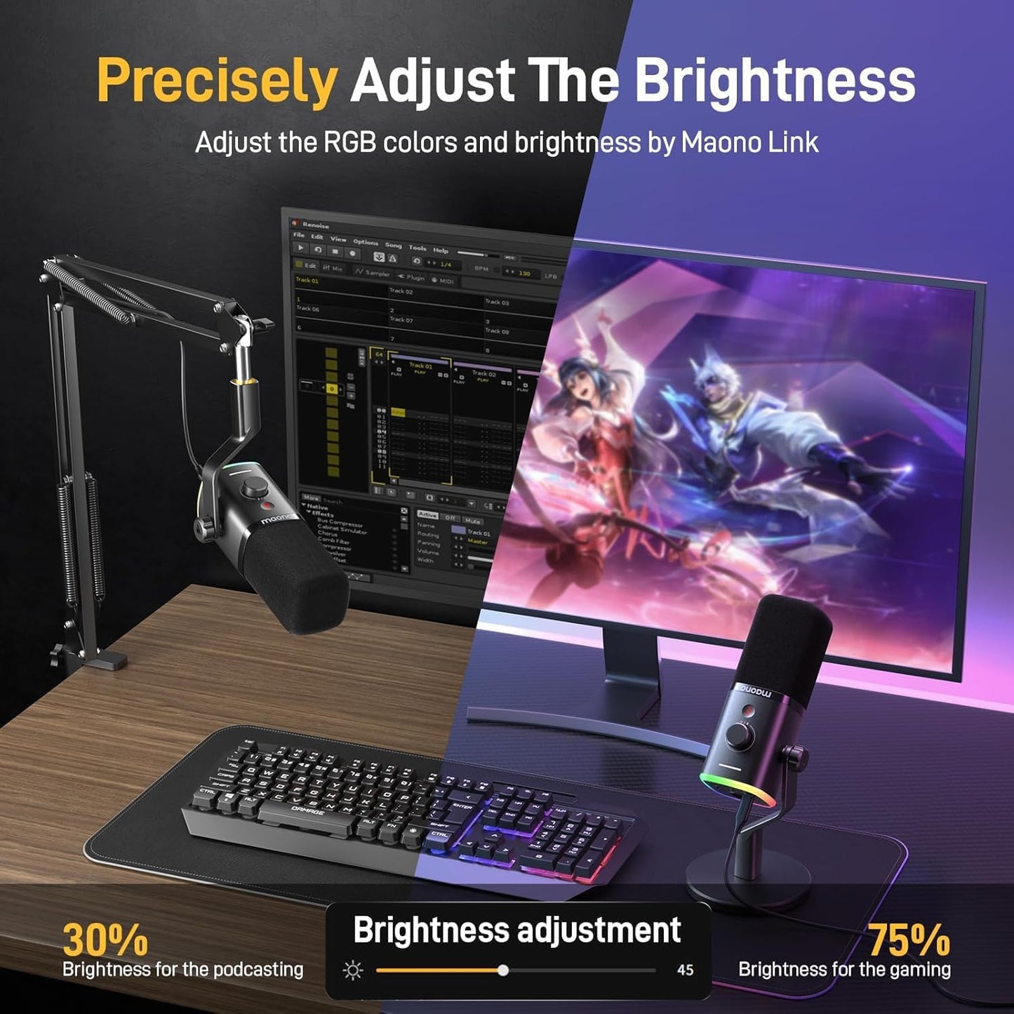 Microfon de gaming MAONO PD100X XLR/USB, dinamic cu anulare dubla a zgomotului, iluminare RGB, buton mute si software, pentru streaming, podcast, studio, compatibil PC, PS4/PS5, Mac, negru