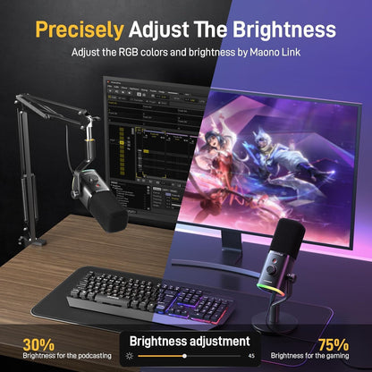 Microfon de gaming MAONO PD100X XLR/USB, dinamic cu anulare dubla a zgomotului, iluminare RGB, buton mute si software, pentru streaming, podcast, studio, compatibil PC, PS4/PS5, Mac, negru