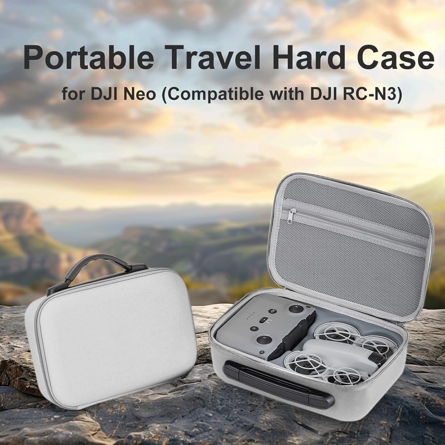 Husa de protectie pentru drona DJI Neo si controler RC-N3, geanta impermeabila portabila 26.6 x 19.1 cm, rezistenta la socuri, cu maner anti-alunecare, gri