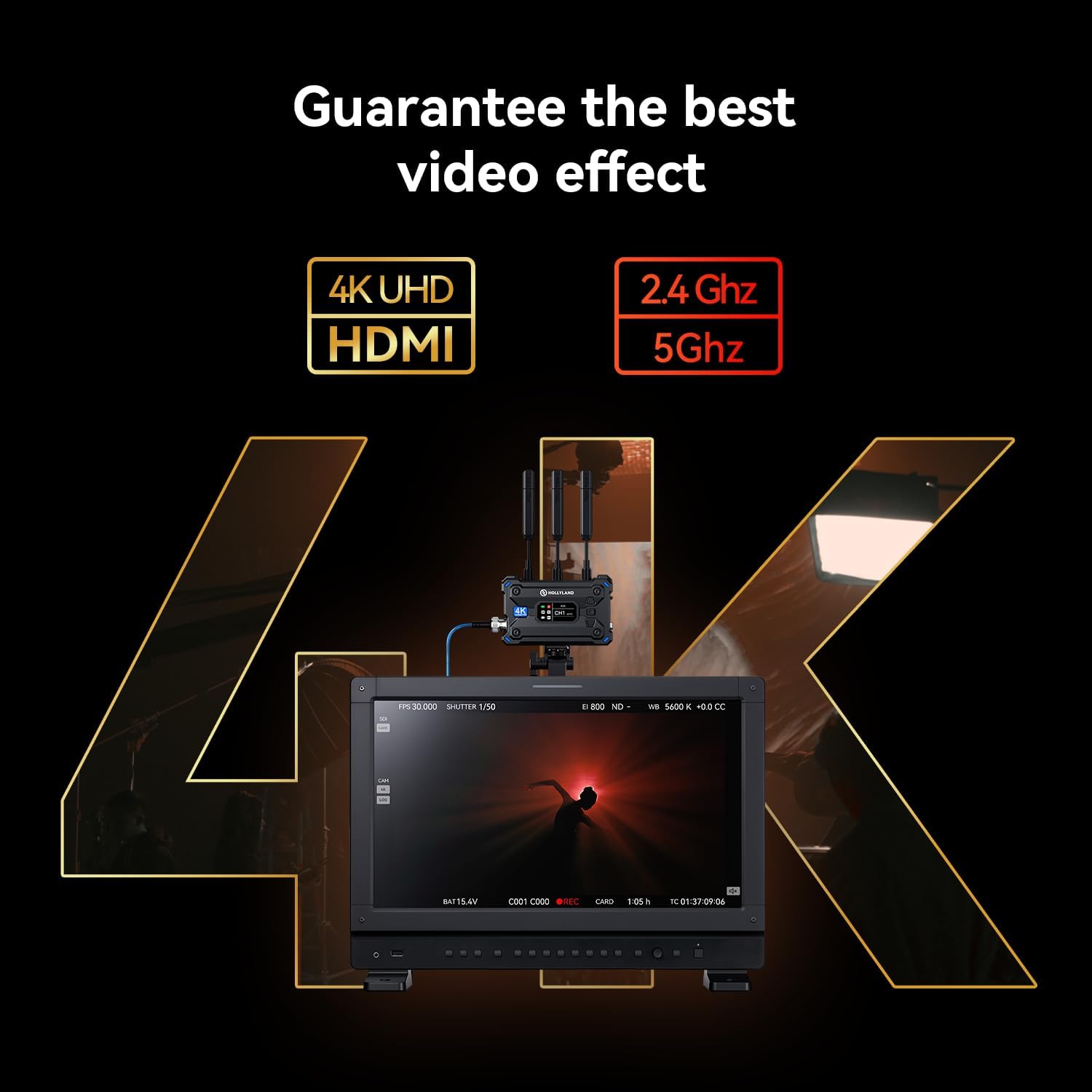 Extender HDMI wireless transmitator si receptor, converter SDI la HDMI 4K/30fps, adaptor dual band 5 GHz/2.4GHz, 50 ms latenta, pana la 4 receptoare simultan, 400 m raza actiune, negru