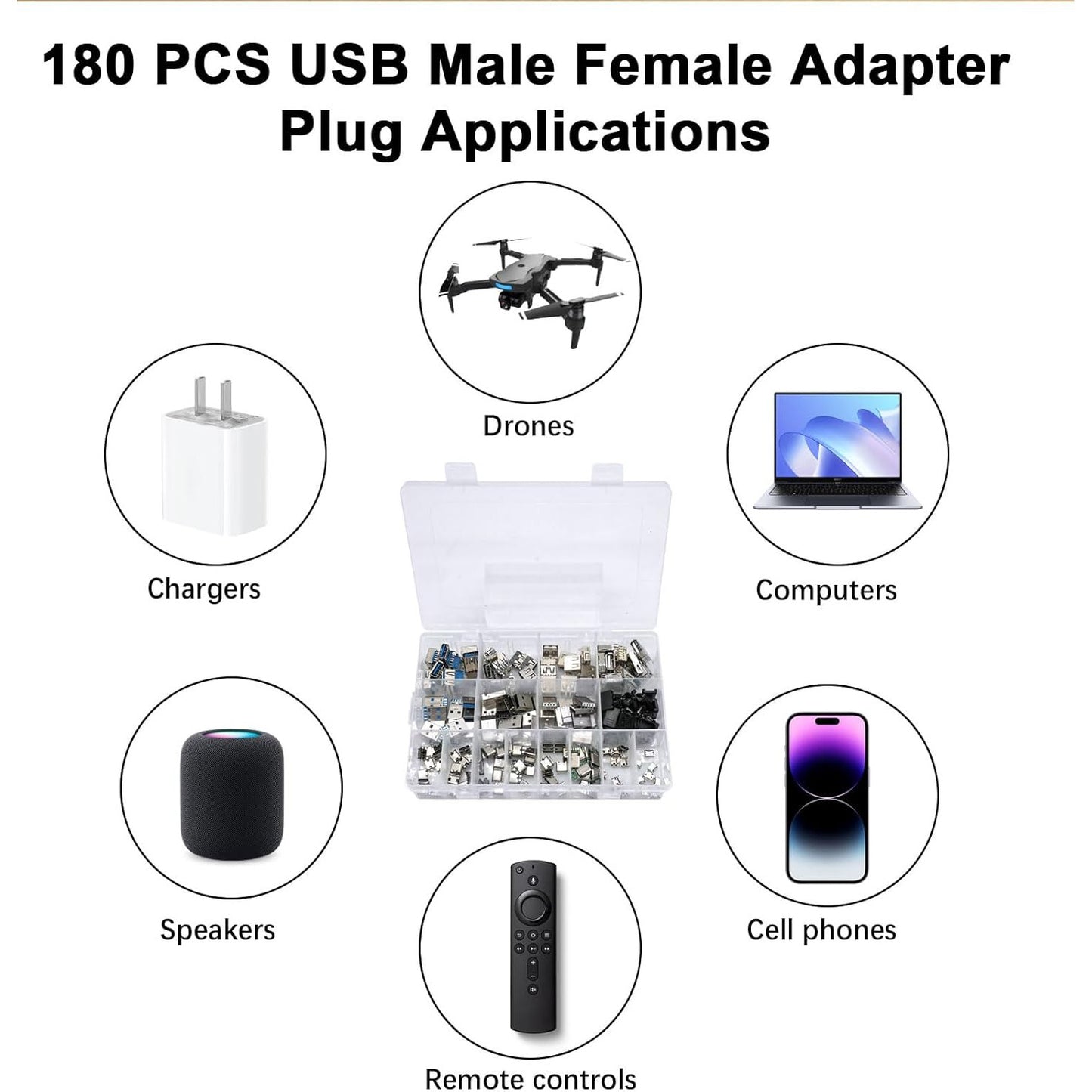 Kit adaptoare USB A/C/Micro USB 180 piese AYWHP, USB 2.0 si 3.0, conectori mascul/femela pentru lipire si reparatii electronice DIY, compatibil PC, Laptop si dispozitive mobile
