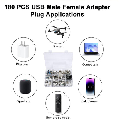 Kit adaptoare USB A/C/Micro USB 180 piese AYWHP, USB 2.0 si 3.0, conectori mascul/femela pentru lipire si reparatii electronice DIY, compatibil PC, Laptop si dispozitive mobile