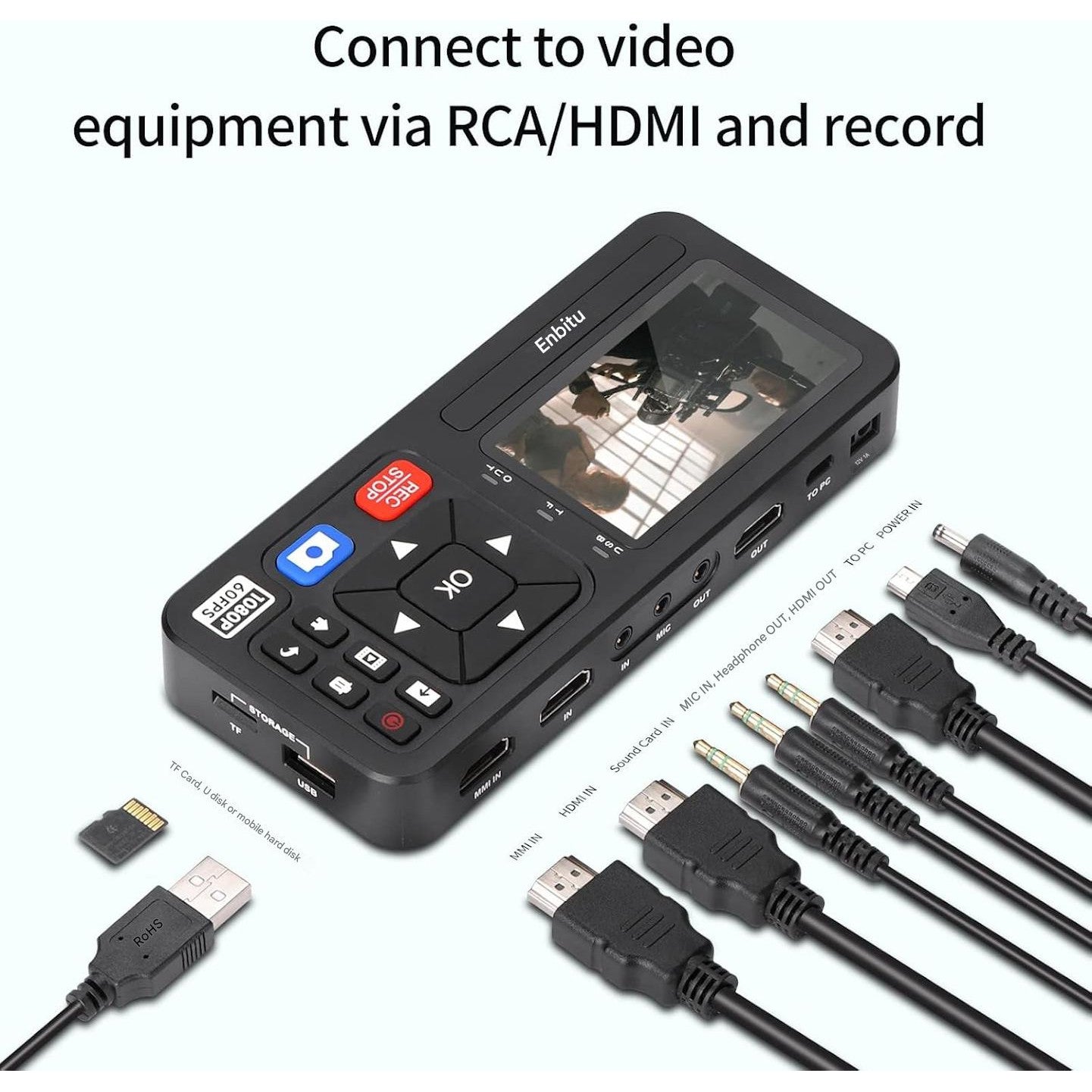 Placa de captura video 1080P, video grabber HDMI/VCR/VHS/RCA/DVD/DVR/camere video/Hi8 si alte dispozitive in format digital, stocare TF/SD/USB, cu dubla alimentare, acumulator NP-F550/F750/F970, cu display si telecomanda
