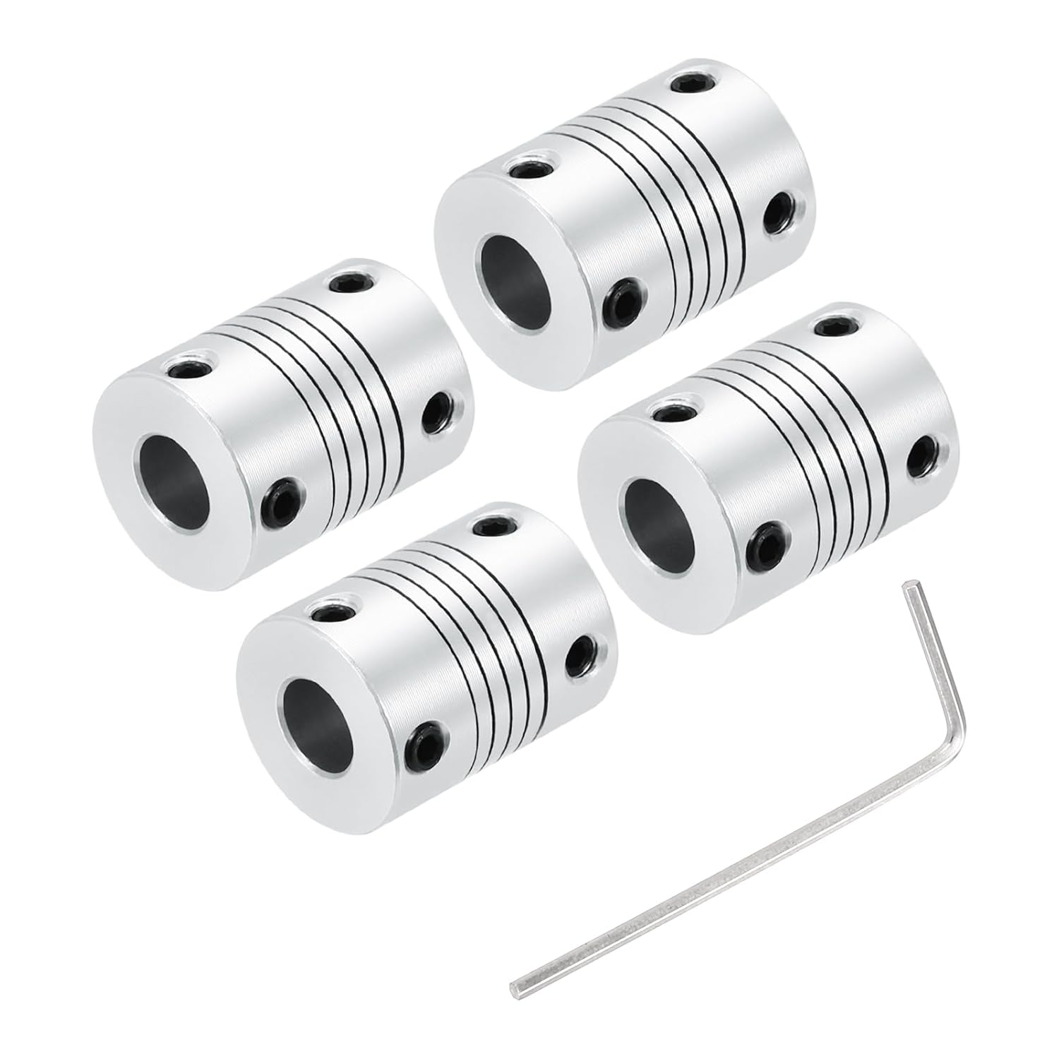 Set de 4 cuplaje flexibile Ax QUARKZMAN 8 mm la 8 mm, aluminiu, L25xD19mm, tip arc (Helical), amortizare vibratii, pentru motor pas cu pas NEMA, imprimanta 3D, CNC, encoder, conector arbore, argintiu