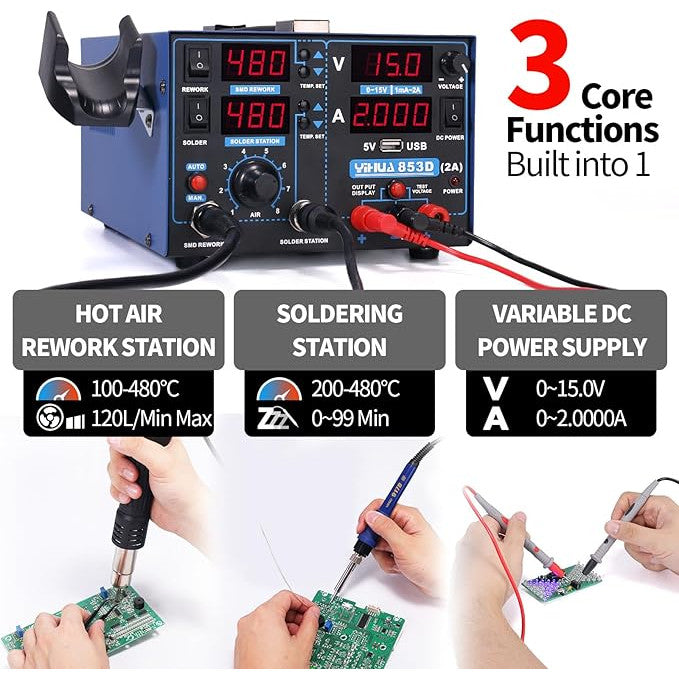 Statie de lipit si dezlipit 3 in 1 cu sursa de laborator reglabila 0-35V 0-5A, letcon, testare a curentului si tensiunii, port USB 5V, temperatura reglabila, mod auto/manual, pentru reparatii de telefoane mobile si electronice