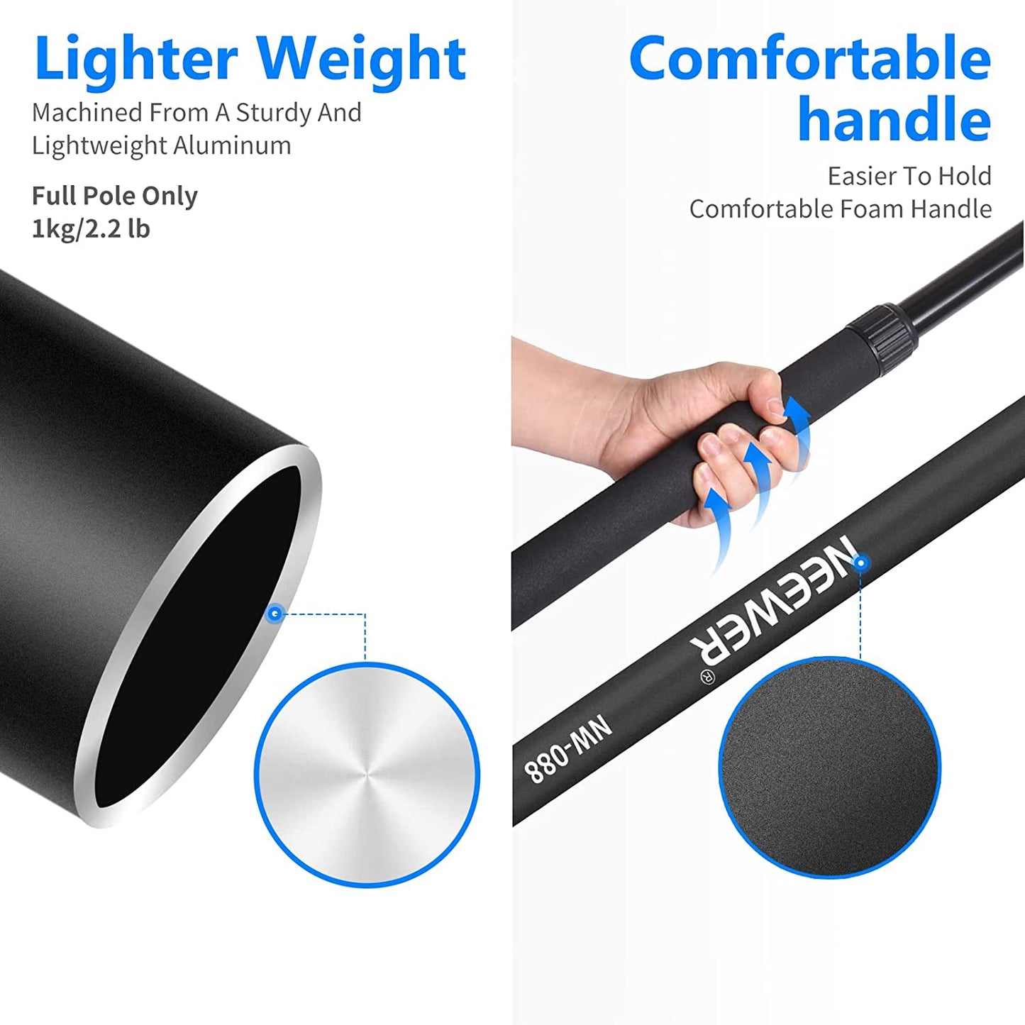 Suport pentru microfon, brat telescopic cu cablu XLR incorporat, de mana, extensibil 86-301 cm cu 5 segmente, blocare prin rasucire, maner din spuma, Neewer NW-088, negru