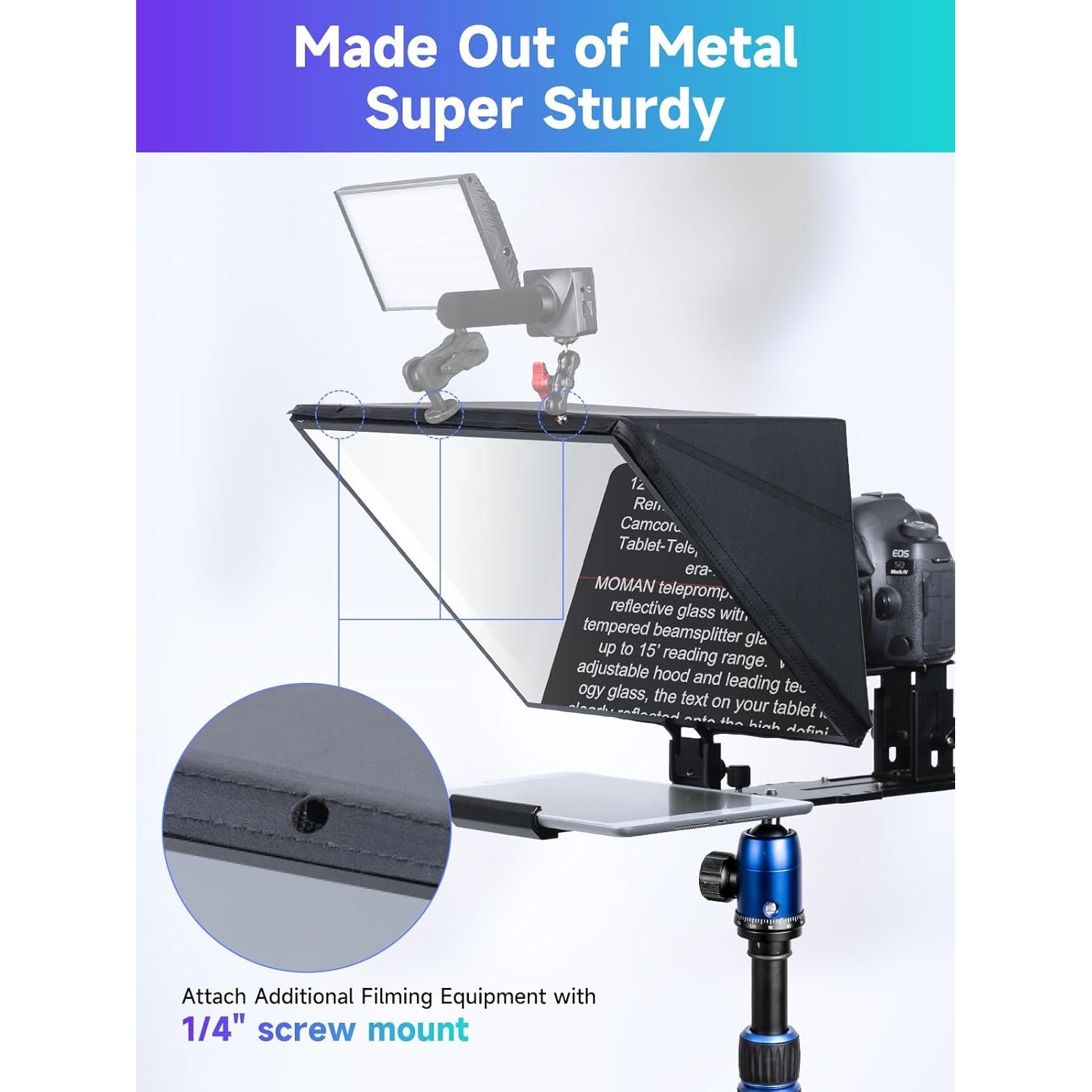 Kit teleprompter de 16 inch, Moman MT16, pentru camere DSLR, cu telecomanda, compatibil cu iPad, tableta, smartphone cu aplicatie, din metal, cu montura 1/4 inch si geanta de depozitare si transport