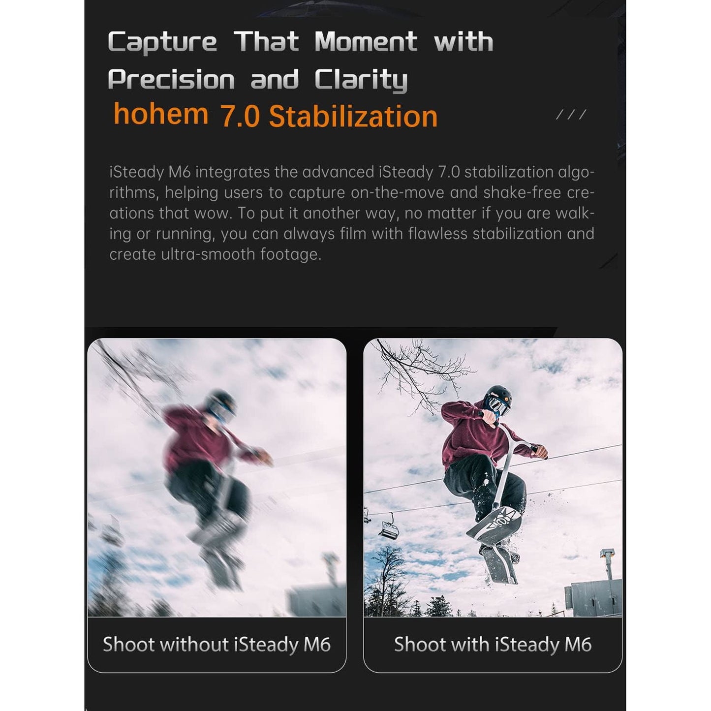 Sistem de stabilizare imagine pentru smartphone, stabilizator gimbal cu 3 axe, display OLED, lumina continua cu senzor AI, mini trepied, incarcare 400 g, Hohem iSteady M6