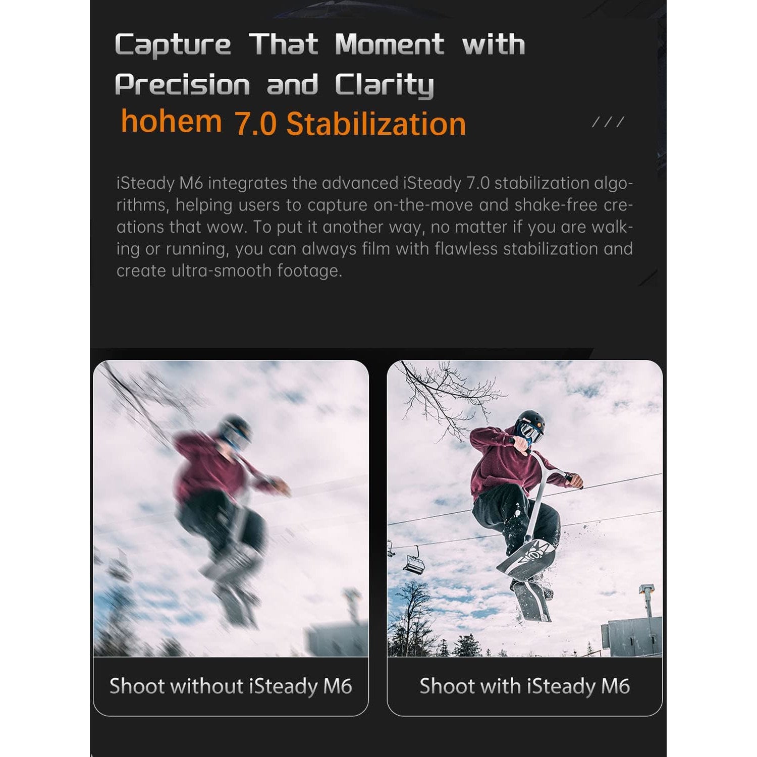 Sistem de stabilizare imagine pentru smartphone, stabilizator gimbal cu 3 axe, display OLED, lumina continua cu senzor AI, mini trepied, incarcare 400 g, Hohem iSteady M6