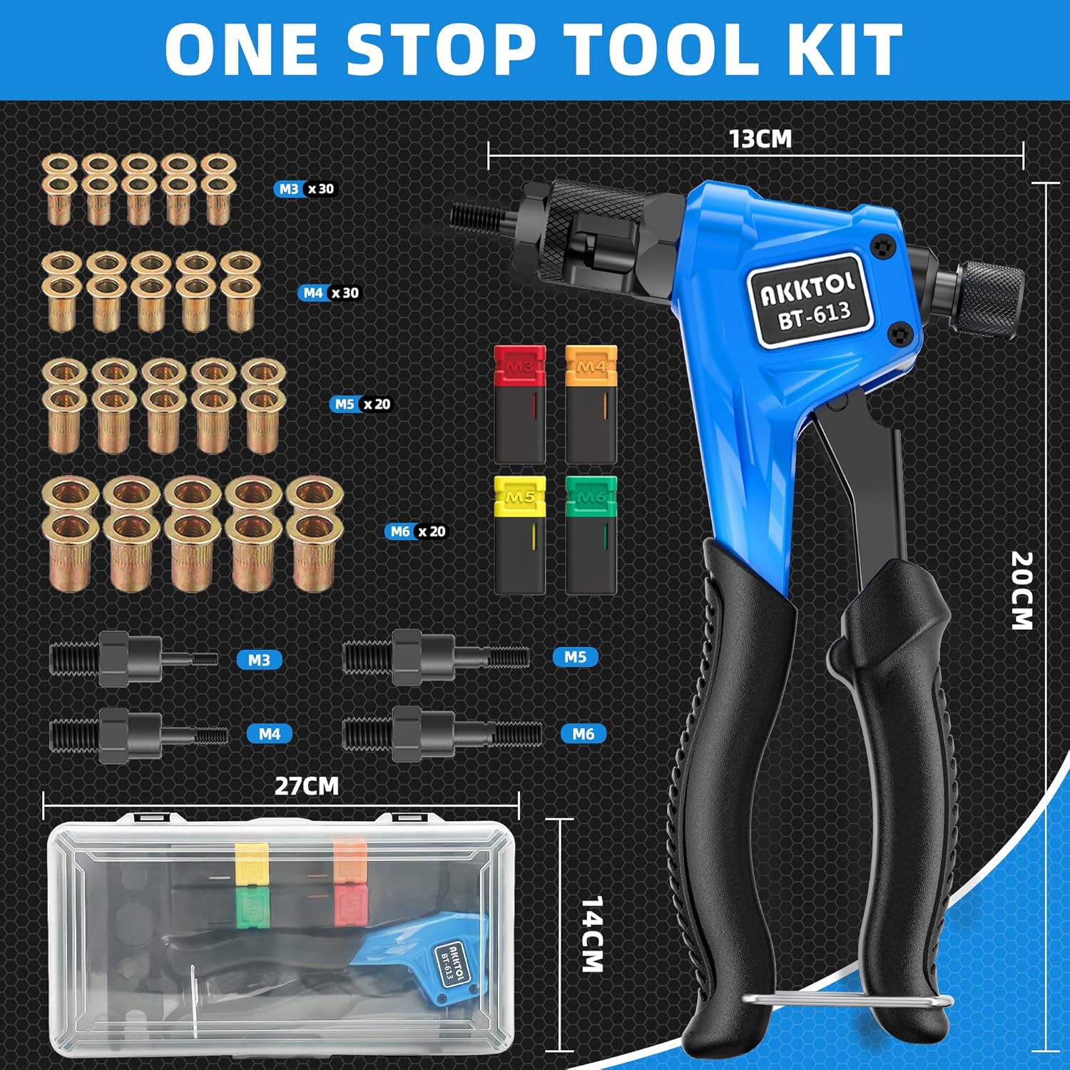 Cleste pentru piulite nituitoare AKKTOL, set complet pentru nituri filetate, 4 dornuri M3/M4/M5/M6 si 100 piulite incluse, cleste din otel aliat cu maner ergonomic antialunecare, geanta transport, pentru metal, tabla, mobilier si bricolaj