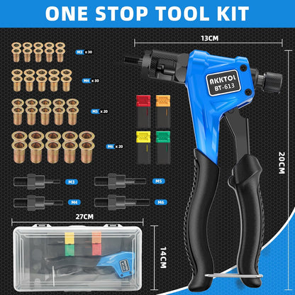 Cleste pentru piulite nituitoare AKKTOL, set complet pentru nituri filetate, 4 dornuri M3/M4/M5/M6 si 100 piulite incluse, cleste din otel aliat cu maner ergonomic antialunecare, geanta transport, pentru metal, tabla, mobilier si bricolaj