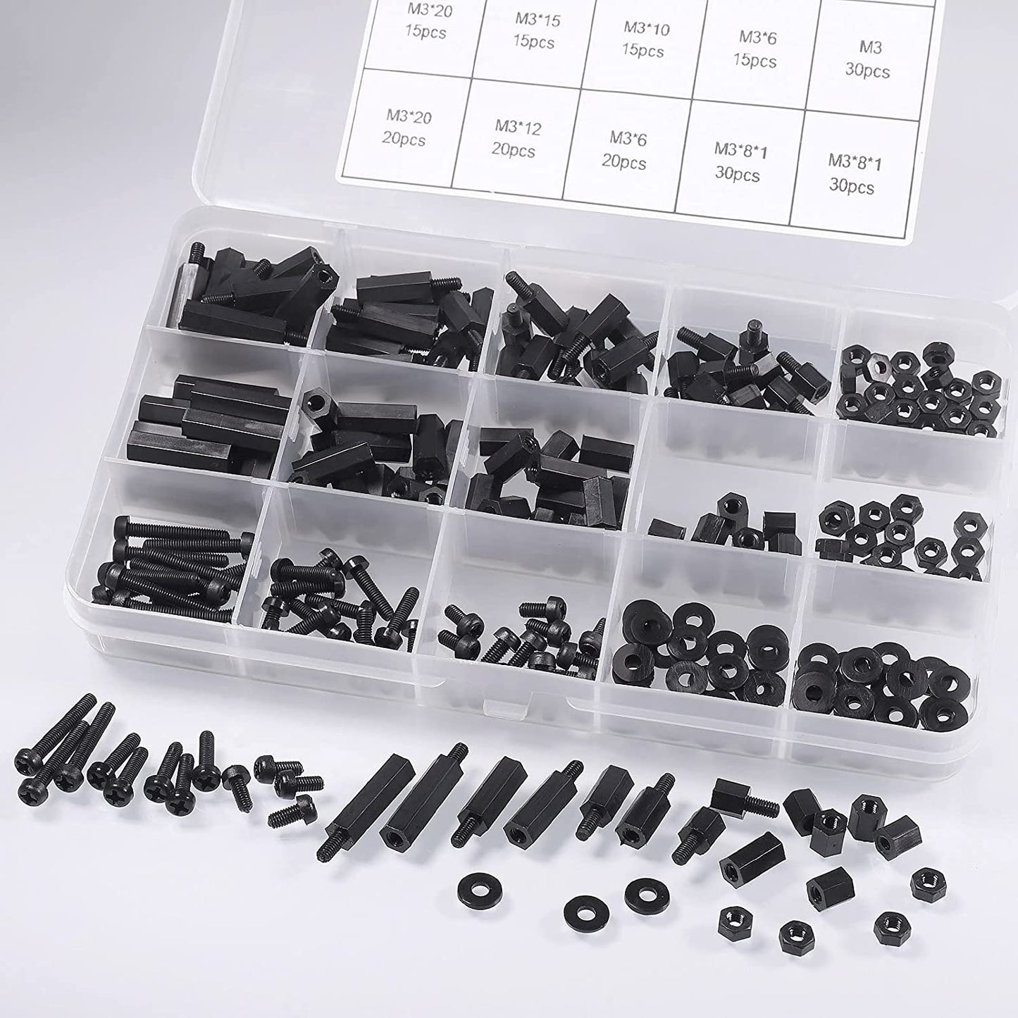 Set distantiere M3 hexagonale din Nylon, mama-mama si mama-tata, cu suruburi, saibe si piulite din plastic, cu cutie de depozitare, negre