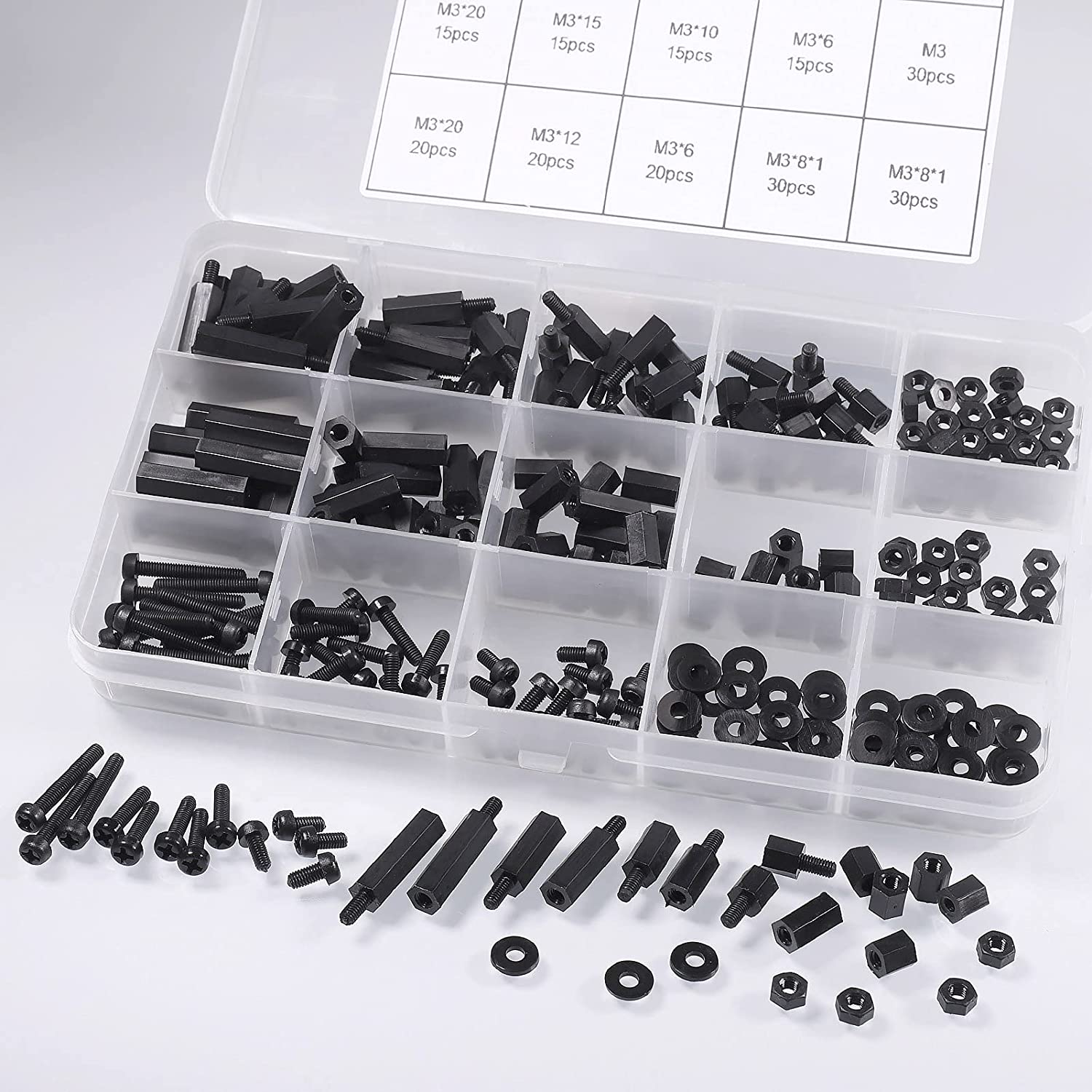 Set distantiere M3 hexagonale din Nylon, mama-mama si mama-tata, cu suruburi, saibe si piulite din plastic, cu cutie de depozitare, negre