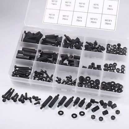 Set distantiere M3 hexagonale din Nylon, mama-mama si mama-tata, cu suruburi, saibe si piulite din plastic, cu cutie de depozitare, negre