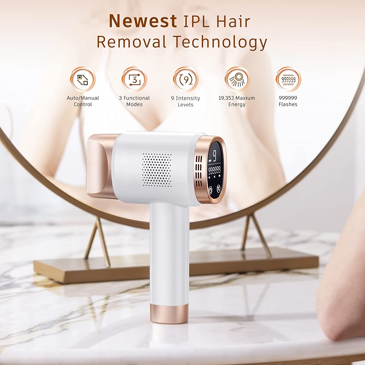 Epilator laser IPL, cu 999.999 de impulsuri luminoase, 3 moduri functionale HR/SC/RA, 9 intensitati, rapid, regenerare piele si indepartare acnee, Aminzer