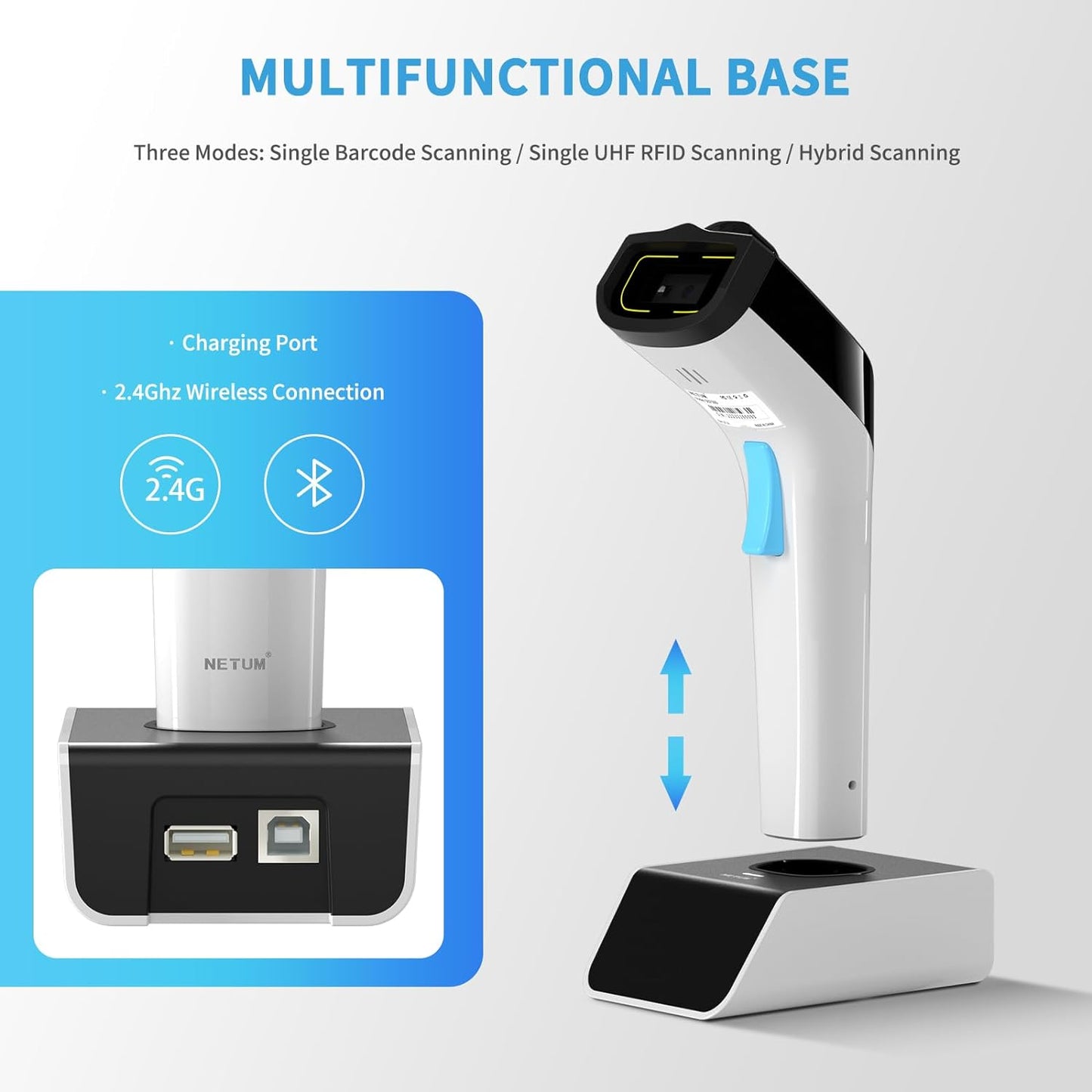 Cititor coduri de bare 1D, 2D, QR Wireless, UHF RFID, conexiune Bluetooth si 2.4 Ghz, 50 m raza de actiune, cu statie de incarcare, compatibil PC, smartphone, tableta