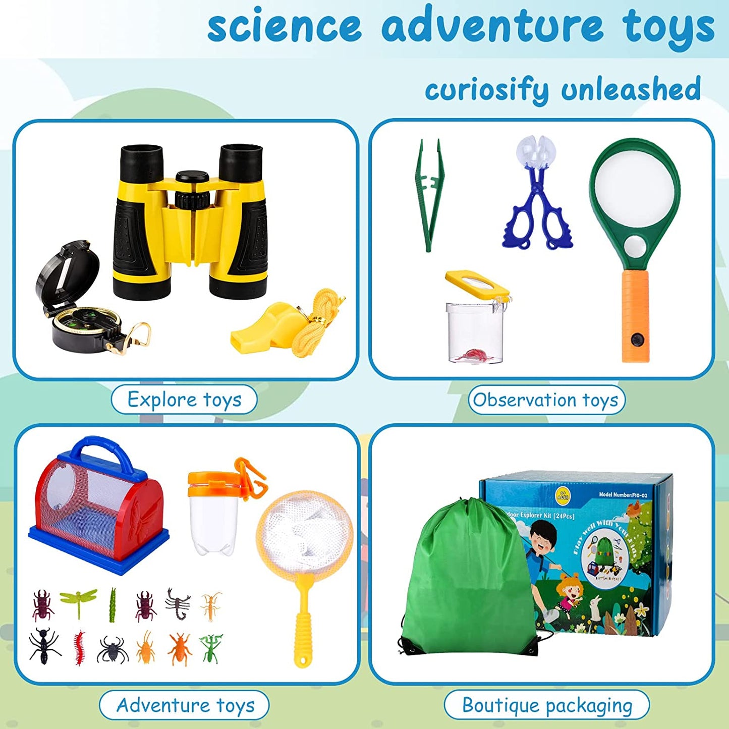Set de cercetare pentru explorarea in aer liber pentru copii, kit explorator 24 piese cu binoclu, busola, lupa, plasa pentru fluturi, penseta pentru insecte