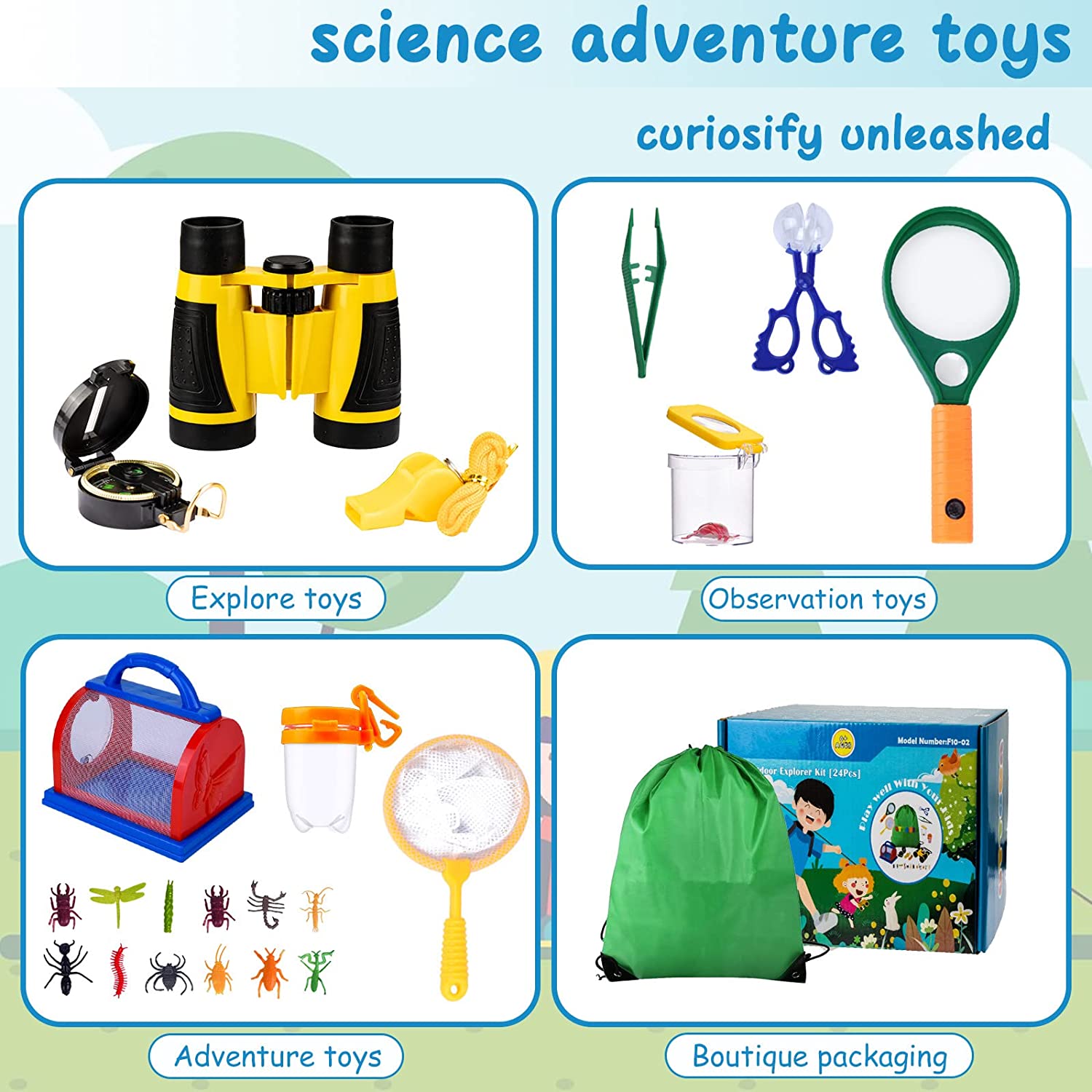 Set de cercetare pentru explorarea in aer liber pentru copii, kit explorator 24 piese cu binoclu, busola, lupa, plasa pentru fluturi, penseta pentru insecte