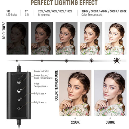 Ring Light LED cu trepied si brat cu menghina,Lampa circulara cu suport smartphone, telecomanda, montura cap tip bila, adaptor de la 5/8" la 3/8" si adaptor de la 1/4" la 5/8", pentru machiaj, vlog, streaming, inregistrare video