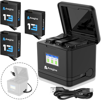 Set 3 acumulatori 2300 mAh pentru GoPro Hero 13 Black cu incarcator cu 3 sloturi, display LCD, cablu USB-A si slot USB-C, negru