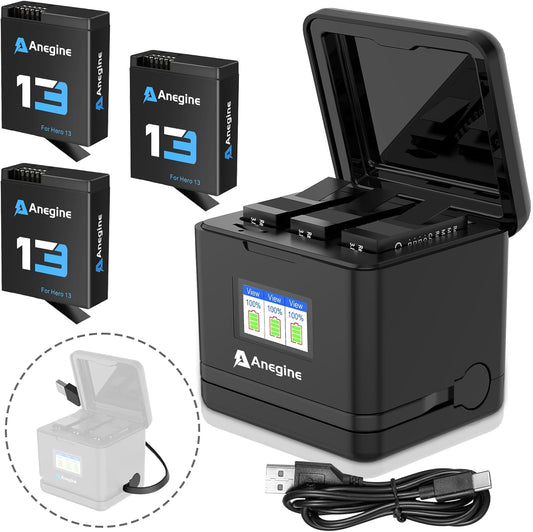 Set 3 acumulatori 2300 mAh pentru GoPro Hero 13 Black cu incarcator cu 3 sloturi, display LCD, cablu USB-A si slot USB-C, negru