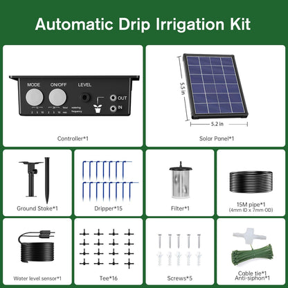 Sistem de irigare prin picurare cu panou solar, de 15 m, cu 15 aspersoare, 6 moduri de udare, alarma lipsa apa, impermeabil IP67, utilizare in interior/exterior, pentru balcon, gradina, sera