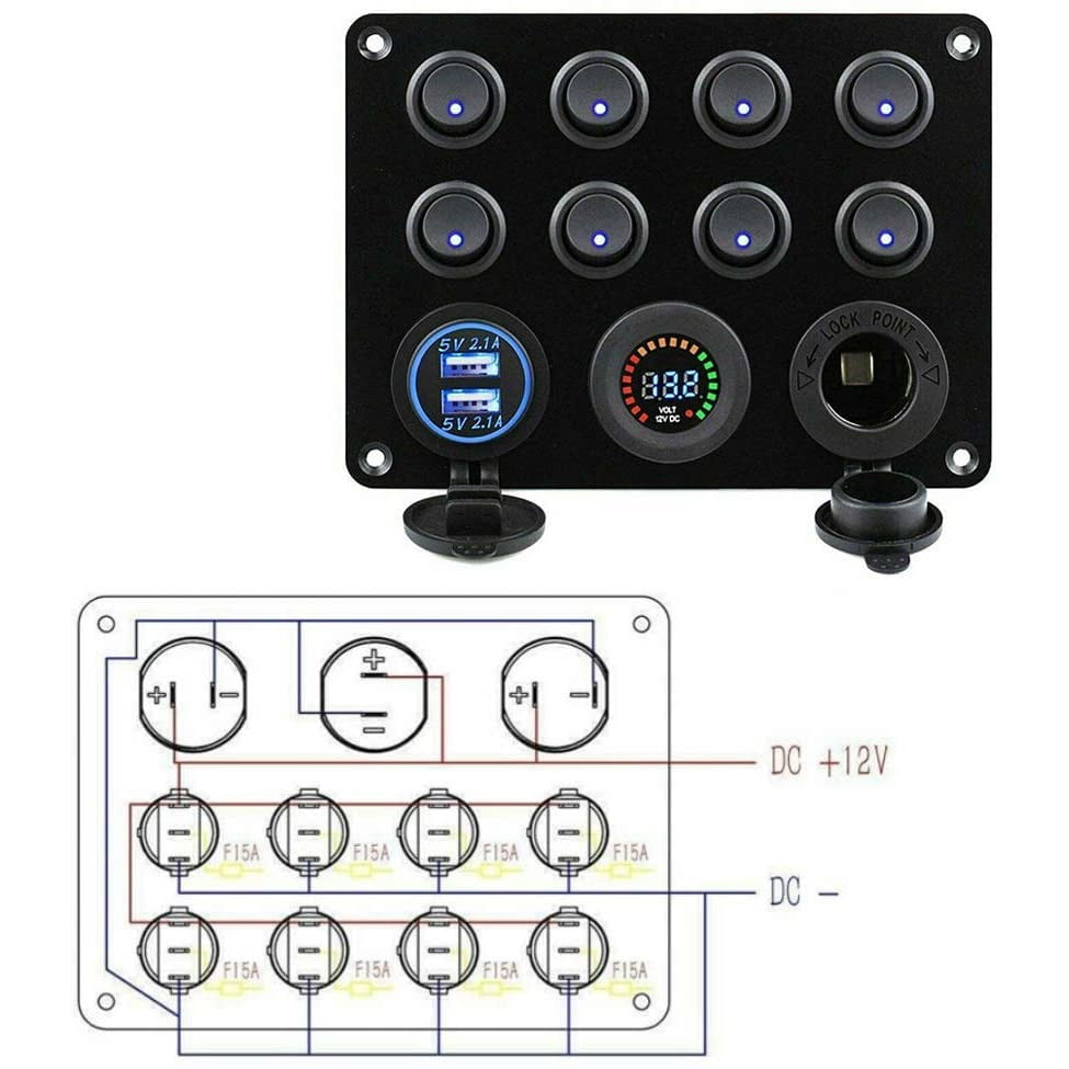 Panou cu voltmetru si 8 intrerupatoare , priza cu 2 USB , butoane luminoase , priza auto 12 V 24V , pentru masina , camion , barca , rulota , iaht