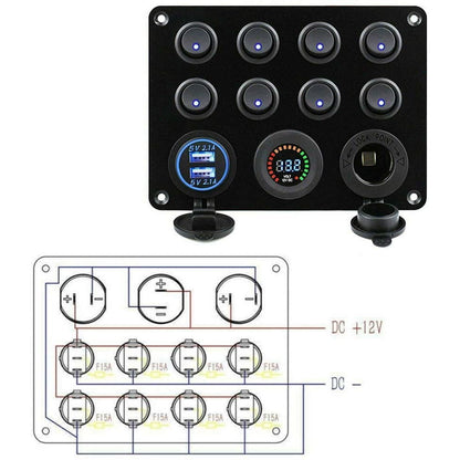 Panou cu voltmetru si 8 intrerupatoare , priza cu 2 USB , butoane luminoase , priza auto 12 V 24V , pentru masina , camion , barca , rulota , iaht