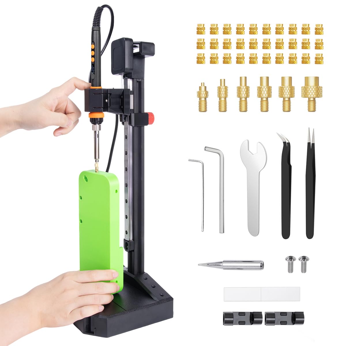 Instrument profesional de insertie termica PRO Heat Set 90W, kit complet topire insertii filetate, ghidaj liniar 210 mm, suport reglabil pe inaltime, afisaj digital 180-500°C, set 30 insertii M3 + 6 varfuri M2-M8, pentru imprimare 3D PLA/ABS/PETG