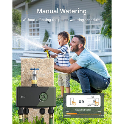 Computer de irigatii smart Diivoo WLAN 4 iesiri – Temporizator udare gradina WiFi + Ethernet, control app, compatibil Alexa si Google, 24 programe, udare 4 zone, mod ploaie si ceata, economisire apa, intrare alama anti-scurgeri