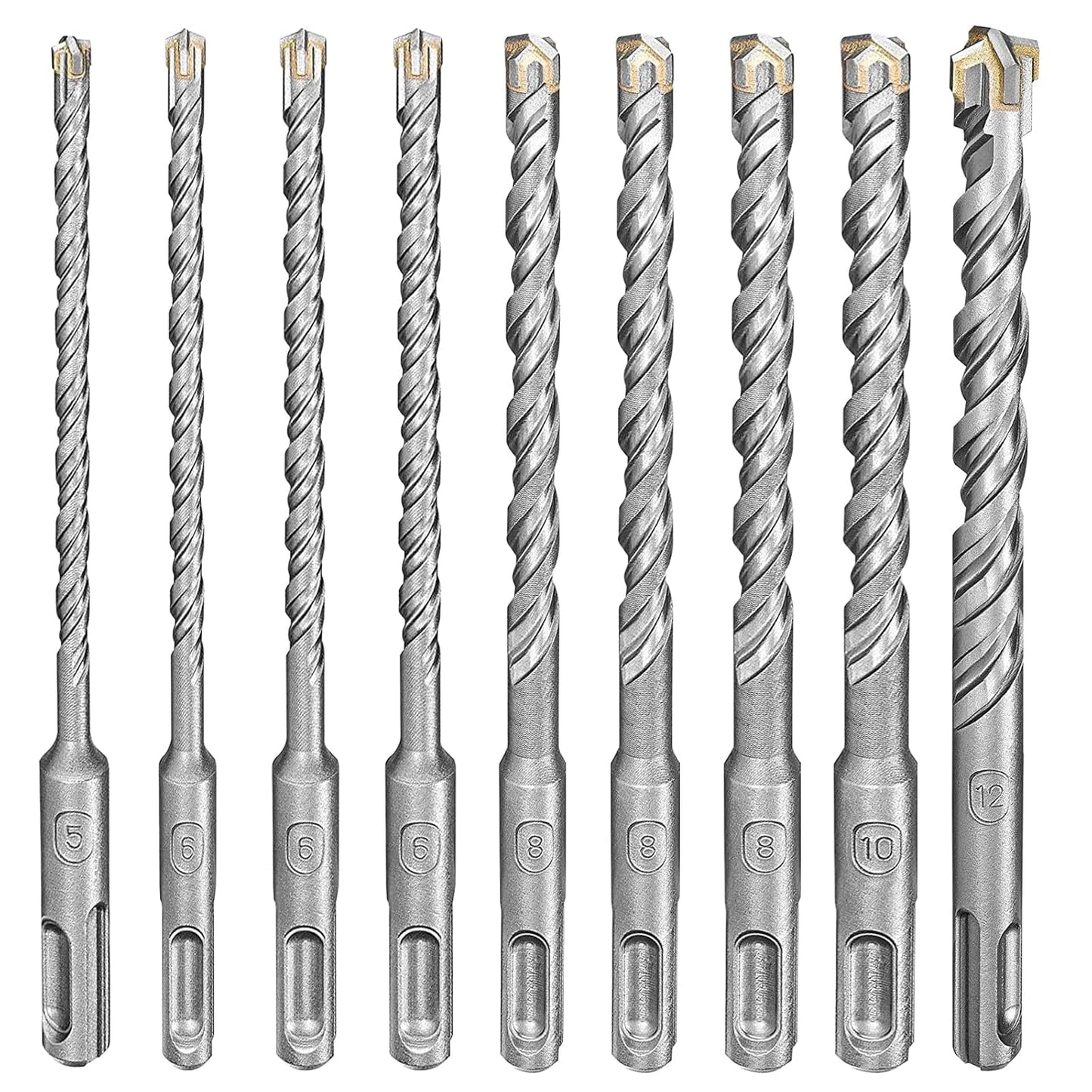Set 9 burghie de beton SDS Plus diametru 5/6/6/6/8/8/8/10/12 mm x 160 mm, pentru beton, ciment, tencuiala, perete de caramida, tigla ceramica, zidarie