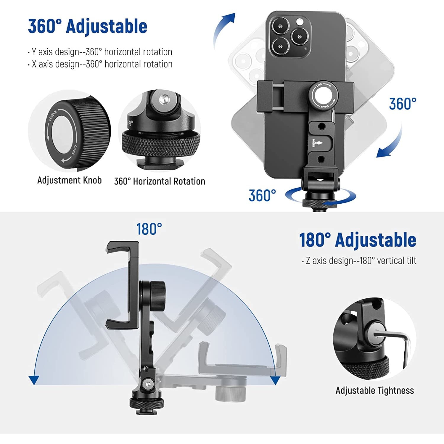 Suport de telefon cu 4 monturi cold shoe si 3 filet de 1/4 inch, rotatie orizontala 360° si inclinare 180° pentru smartphone, streaming, vlogging, inregistrare